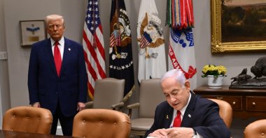 U.S. President Donald Trump (L) and Israeli Prime Minister Benjamin Netanyahu meet at the White House, Washington, U.S., April 7, 2025. (İHA Photo)