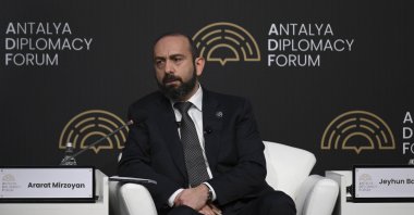 Armenian Foreign Minister Ararat Mirzoyan speaks at an event at the forum, Antalya, southern Türkiye, April 12, 2025. (AA Photo)