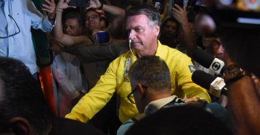 Former Brazilian President Jair Bolsonaro is pictured before boarding an ambulance as he leaves Rio Grande Hospital in Natal, Rio Grande do Norte state, Brazil, April 12, 2025. (AFP Photo)