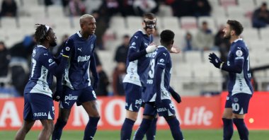 Fenerbahçe players celebrate after Anderson Talisca’s (2nd L) free-kick goal during the Süper Lig match against Sivasspor at BG Group 4 Eylül Stadium, Sivas, Türkiye, April 13, 2025. (AA Photo)