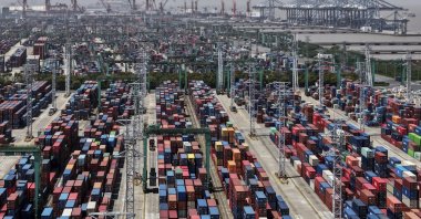 Containers are stored at a container terminal in Shanghai, China, April 13, 2025. (AP Photo)
