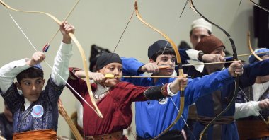 Young archers in action during the regional indoor Puta qualifiers at the Ata Sports Center, Küçükçekmece, Istanbul, Türkiye, April 13, 2025. (AA Photo)