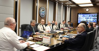 Defense Minister Yaşar Güler (L) addresses commanders at a meeting and video call, in the capital Ankara, Türkiye, April 14, 2025. (İHA Photo)