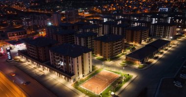 A drone-captured aerial view shows newly constructed homes on the site of the former Ebrar Housing Complex, which collapsed during the 2023 earthquakes, Kahramanmaraş, southern Türkiye, April 14, 2025. (AA Photo)
