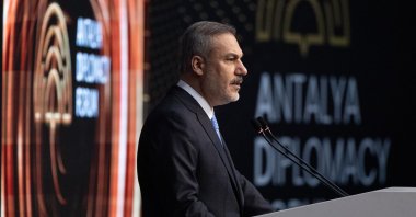 Foreign Minister Hakan Fidan speaks at a press conference of the Antalya Diplomacy Forum (ADF), which was held at the NEST Congress Center in the Belek, Antalya, Türkiye, April 13, 2025. (AA Photo)