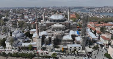 An aerial view shows the ongoing restoration work at the Hagia Sophia Grand Mosque, Istanbul, Türkiye, April 14, 2025. (AA Photo)