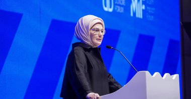 First lady Emine Erdoğan delivers a speech during the 3rd Global Donors Forum, Istanbul, Türkiye, April 14, 2025. (AA Photo)