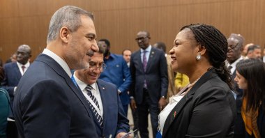 Foreign Minister Hakan Fidan is seen at the Antalya Diplomacy Forum during a reception with African guests, Antalya, Türkiye, April 13, 2025 (AA Photo)