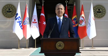 Interior Minister Ali Yerlikaya delivers a speech on the international drug trafficking operation, Ankara, Türkiye, April 15, 2025. 8AA Photo)