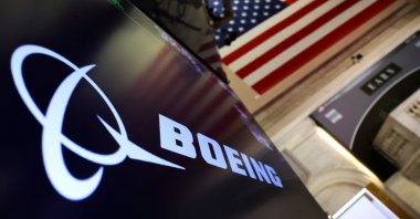A screen displays the logo for Boeing on the floor at the New York Stock Exchange, New York City, U.S., April 2, 2025. (Reuters Photo)