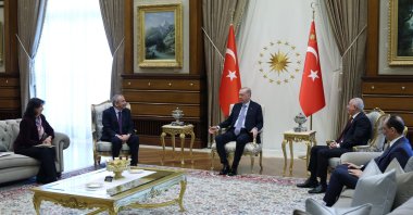 President Recep Tayyip Erdoğan hosts Peoples’ Equality and Democracy Party (DEM Party) lawmakers Pervin Buldan (L) and Sırrı Süreyya Önder (2nd L) at the Presidential Complex, Ankara, Türkiye, April 11, 2025. (AA Photo)