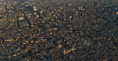 An aerial picture shows a view of Umayyad Mosque and a part of Damascus at dawn, Syria, March 31, 2025. (AFP Photo)