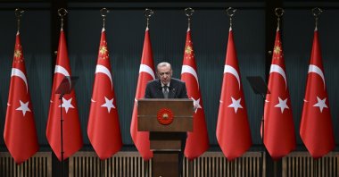 President Recep Tayyip Erdoğan speaks to reporters after a Cabinet meeting at the Presidential Complex in Ankara, April 15, 2025. (AA Photo)