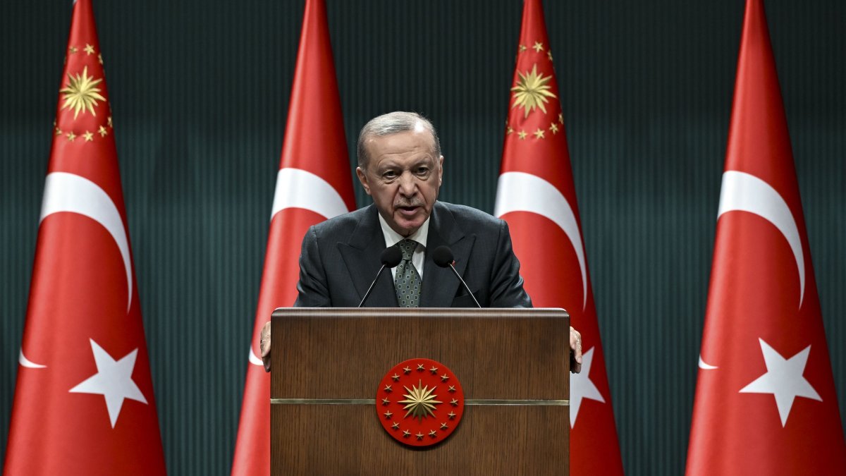 President Recep Tayyip Erdoğan delivers a speech following the Cabinet meeting at the Presidential Complex, Ankara, Türkiye, April 15, 2025. (AA Photo)
