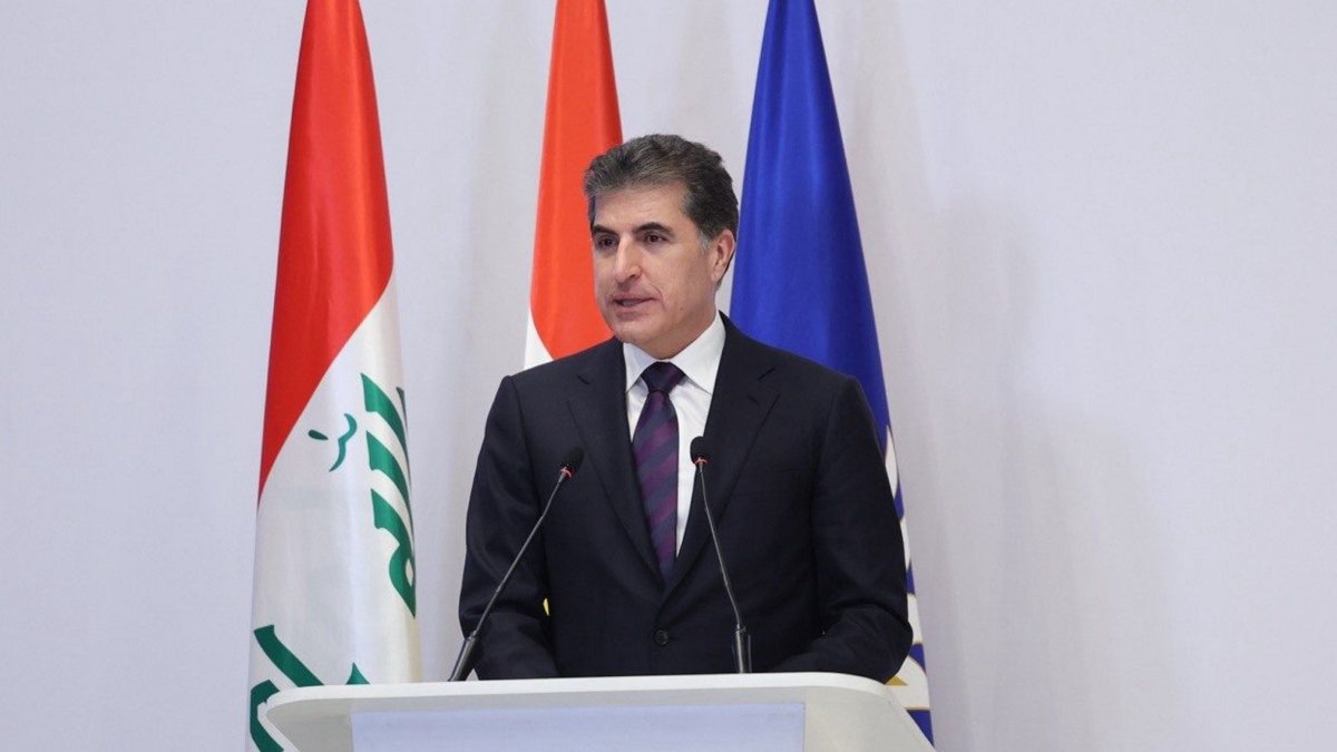 Nechirvan Barzani, the president of Iraq’s Kurdistan Regional Government (KRG), speaks at a forum in Sulaymaniyah, northern Iraq, April 16, 2025. (AA Photo)