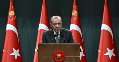 President Recep Tayyip Erdoğan delivers a speech following the Cabinet meeting at the Presidential Complex, Ankara, Türkiye, April 15, 2025. (AA Photo)