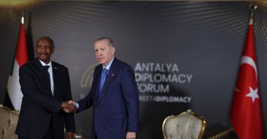 President Recep Tayyip Erdoğan holds a meeting with the Sovereignty Council of Sudan President Abdulfettah al-Burhan, at the Antalya Diplomacy Forum, Antalya, Türkiye, April 12, 2025. (İHA Photo)