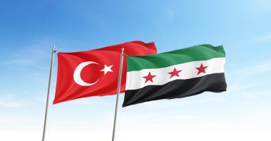 The Turkish flag (L) with the new Syrian flag. (Shutterstock Photo)