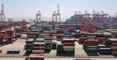 Gantry cranes stand near shipping containers at Yangshan Port outside of Shanghai, China, April 15, 2025. (Reuters Photo)