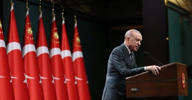 President Recep Tayyip Erdoğan talks to reporters after a Cabinet meeting in the capital, Ankara, Türkiye, April 15, 2025. (AA Photo)