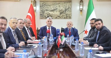 Trade Minister Ömer Bolat (C-L) and Syria's Economy and Industry Minister Nidal al-Shaar (C-R) during a meeting in Damascus, Syria, April 16, 2025. (Photo: @omerbolatTR)