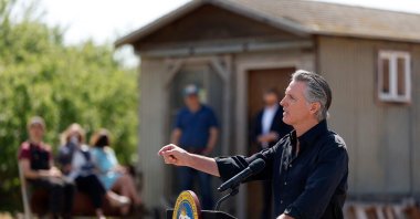 California Governor Gavin Newsom speaks during a news conference at Gemperle Orchard in Ceres, California, U.S., April 16, 2025. (AFP Photo)