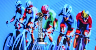 The 60th Presidential Cycling Tour of Türkiye trophy is on display at the Atatürk Cultural Center (AKM), Istanbul, Türkiye, April 16, 2025. (AA Photo)