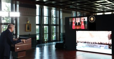 President Recep Tayyip Erdoğan addresses a ceremony marking the commencement of excavation works for the Silvan Tunnel, Ankara, Türkiye, on April 17, 2025. (IHA Photo)