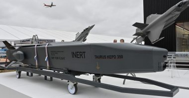 A Taurus (Target Adaptive Unitary and dispensor Robotic Ubiquity System) KEPD 350 air-launched cruise missile is on display during the press presentation at the International Aerospace Exhibition (ILA) in Schoenefeld, near Berlin, June 3, 2024. (AFP Photo)