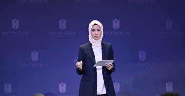 Sümeyye Erdoğan Bayraktar speaks at the “The Right to Believe, the Right to Work: Women&#039;s Religious Freedom in the Workplace” event at Ibn Haldun University, Istanbul, April 17, 2025. (AA Photo)