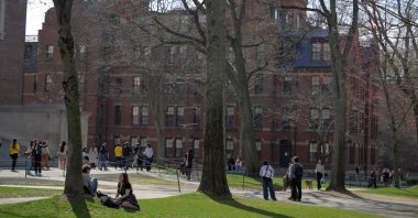 Students gather on the campus of Harvard University in Cambridge, Massachusetts, U.S., April 15, 2025. (Reuters Photo)