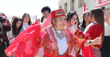 Emine Gülay dances joyfully during her dream henna night celebration at a nursing home in Burdur, Türkiye, April 17, 2025. (AA Photo)