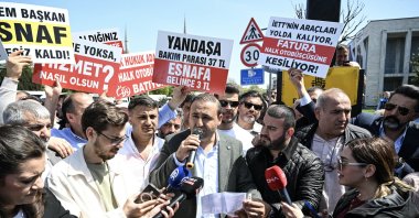 Private bus drivers protest in front of the Istanbul Metropolitan Municipality headquarters, Istanbul, Türkiye, April 17, 2025. (AA Photo)