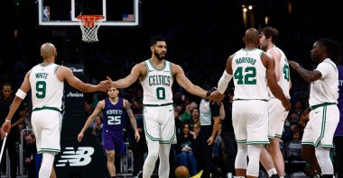 Boston Celtics players celebrate during the second half of their win over the Charlotte Hornets at TD Garden, Boston, U.S., April 11, 2025. (AFP Photo)