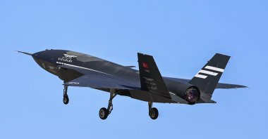 The unmanned fighter jet Kızılelma developed by Turkish defense firm Baykar is seen airborne during a test flight, Tekirdağ, northwestern Türkiye, March 21, 2025. (AA Photo)