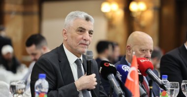 Trade Minister Ömer Bolat speaks during a meeting with non-governmental organizations and Syrian businesspeople in Damascus, Syria, April 17, 2025. (IHA Photo)