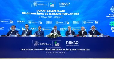 Vice President Cevdet Yılmaz (C), Industry and Technology Minister Mehmet Fatih Kacır (3rd L) and other ministers attend the meeting on the DOKAP Action Plan, Giresun, Türkiye, April 18, 2025. (AA Photo)