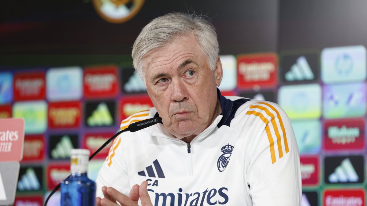 Real Madrid's head coach Carlo Ancelotti addresses a press conference after he led a team's training session held at Valdebebas sports complex, Madrid, Spain, April 19, 2025. (EPA Photo)