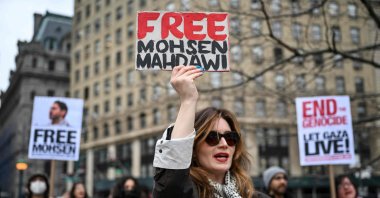 People protest the arrest of Mohsen Mahdawi, a Columbia University student who participated in pro-Palestinian campus protests, during a &quot;Stop The Deportations!” rally, in New York City, U.S., April 15, 2025. (AFP Photo)