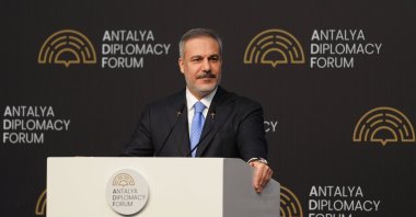 Foreign Minister Hakan Fidan speaks at a press conference on the final of the Antalya Diplomacy Forum, in Antalya, southern Türkiye, April 13, 2025. (AA Photo) 