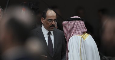 National Intelligence Organization (MIT) Chief Ibrahim Kalın (L) talks to Saudi Arabia's Deputy Foreign Minister Waleed A. Elkhereiji at the 4th Antalya Diplomacy Forum opening ceremony, Antalya, Türkiye, April 11, 2025. (AA Photo)