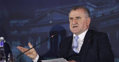 Youth and Sports Minister Osman Aşkın Bak delivers a speech during the Ministers’ Panel at the 7th Etnospor Forum, St. Petersburg, Russia, April 19, 2025. (AA Photo)