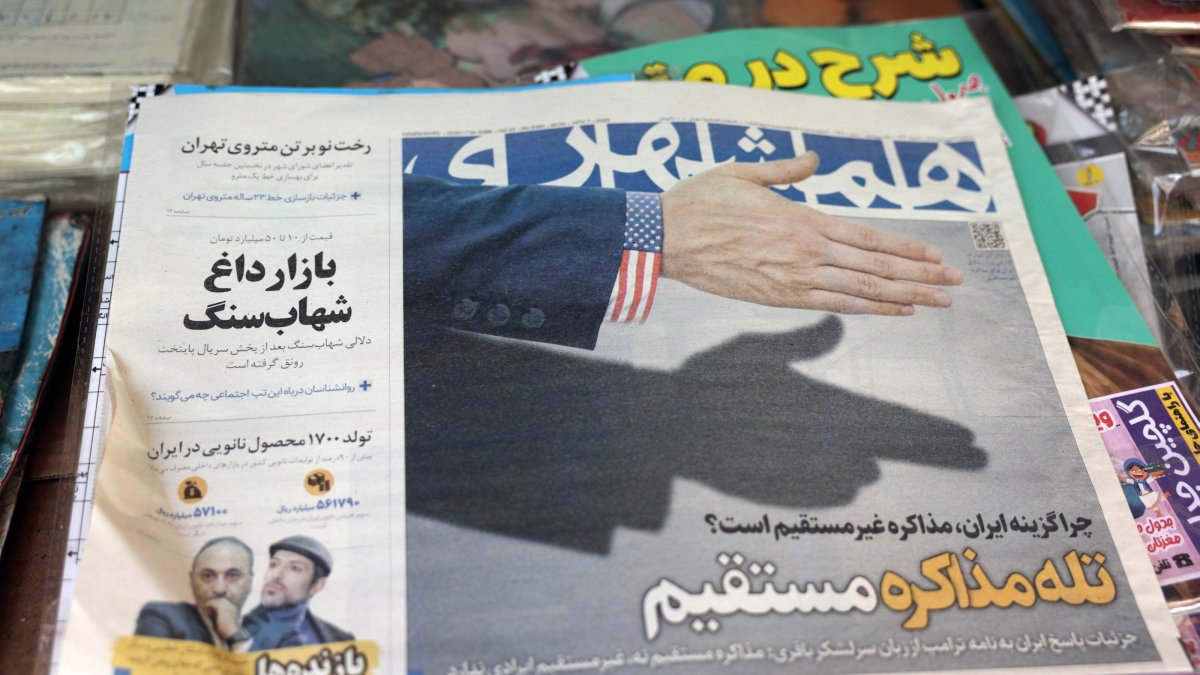 A copy of the Iranian daily newspaper Hamshahri, with the headline &quot;Trap of Straight Negotiations,&quot; reporting about Iran and U.S. nuclear talks, in a kiosk in Tehran, Iran, April 19, 2025. (EPA Photo)