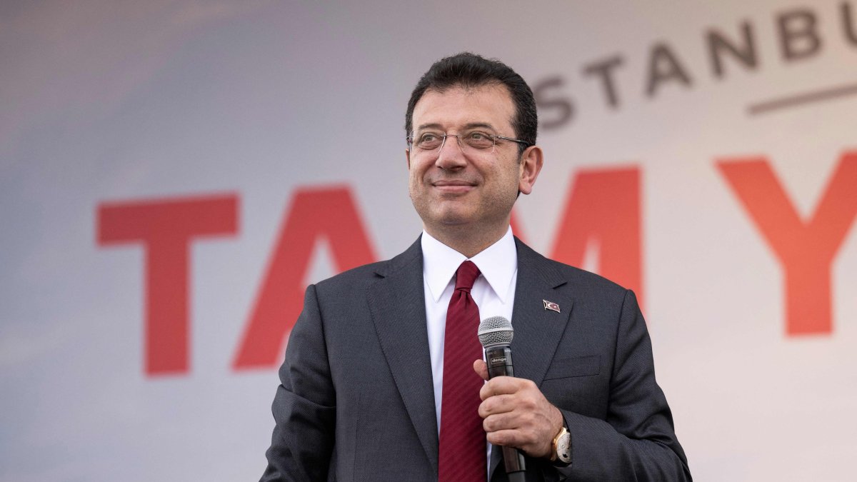 Istanbul Mayor Ekrem Imamoğlu addresses supporters at an event, Istanbul, Türkiye, March 30, 2024. (AFP Photo)