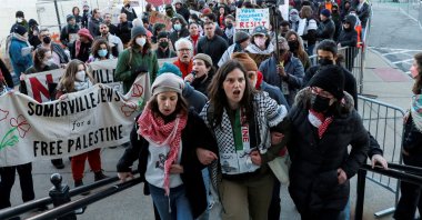 Demonstrators take part in a rally in support of Rümeysa Öztürk, in Somerville, Massachusetts, U.S., March 27, 2025. (Reuters Photo)