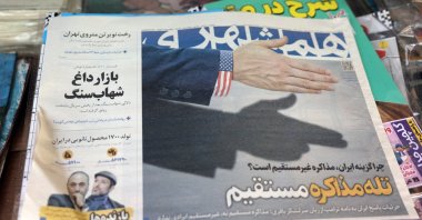 A copy of the Iranian daily newspaper Hamshahri, with the headline &quot;Trap of Straight Negotiations,&quot; reporting about Iran and U.S. nuclear talks, in a kiosk in Tehran, Iran, April 19, 2025. (EPA Photo)