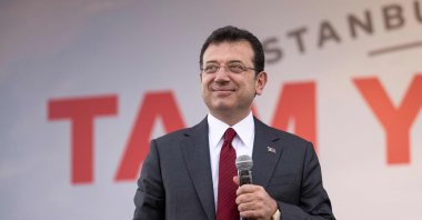 Istanbul Mayor Ekrem Imamoğlu addresses supporters at an event, Istanbul, Türkiye, March 30, 2024. (AFP Photo)
