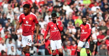Manchester United&#039;s Bruno Fernandes (C) looks dejected after Wolverhampton Wanderers&#039; Pablo Sarabia scores their first goal during the Premier League match at Old Trafford, Manchester, U.K., April 20, 2025. (Reuters Photo)