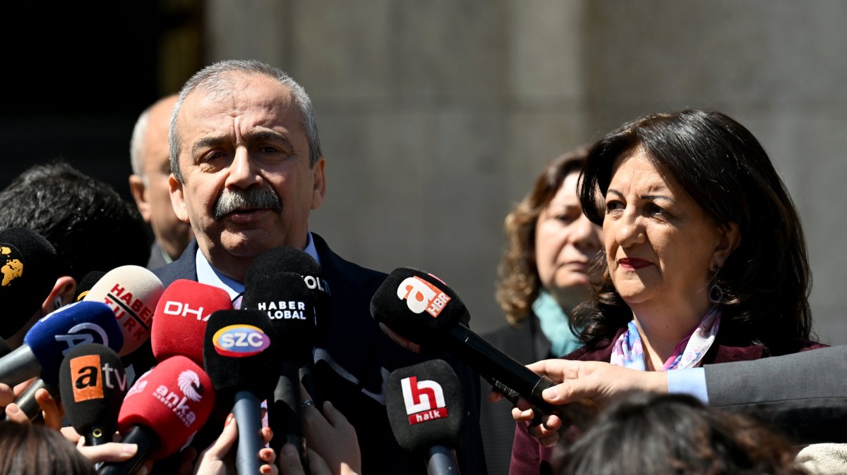 People’s Equality and Democracy Party (DEM Party) lawmakers Sırrı Süreyya Önder (L) and Pervin Buldan (R) talk to reporter ahead of a meeting with President Recep Tayyip Erdoğan, Ankara, Türkiye, April 10, 2025. (AA Photo)