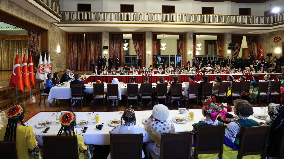Parliament Speaker Numan Kurtulmuş hosts children at Parliament in the capital Ankara, Türkiye, April 21, 2025. (AA Photo)